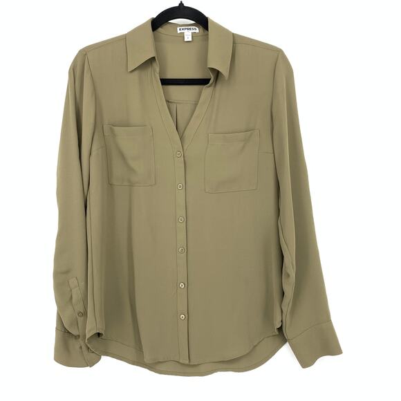 Express Long Sleeve Blouse Womens Size Small Button Front Olive Green - Picture 1 of 6